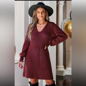Red V-Neck Gigot Sleeve Sweater Dress Cupshe Burgundy Knit Dress